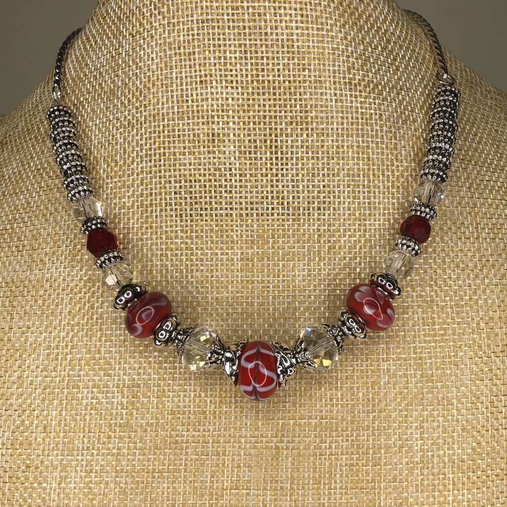 Silver tone red glass beads and crystal necklace